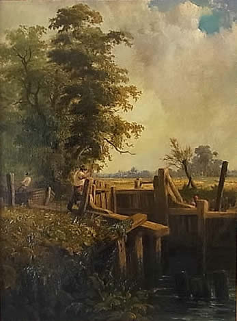 Oil painting of Dedham Lock, possibly bears a false signature 'J. Constable 1837'