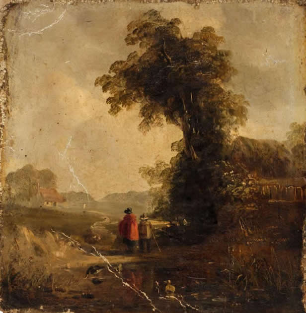Oil on wood panel painting of a peasant in a landscape, in the manner of John Constable