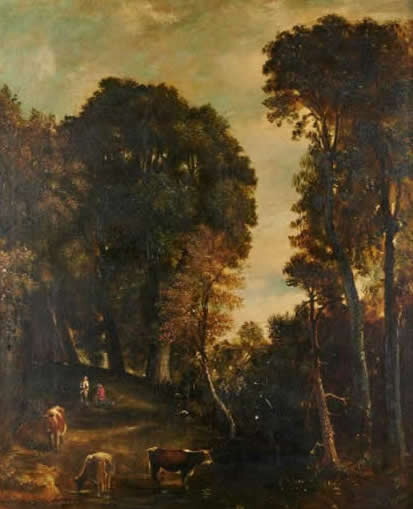 Oil on canvas titled Landscape with Herdsmen, attributed to John Constable