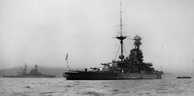 HMS Revenge + HMS Royal Oak beyond.